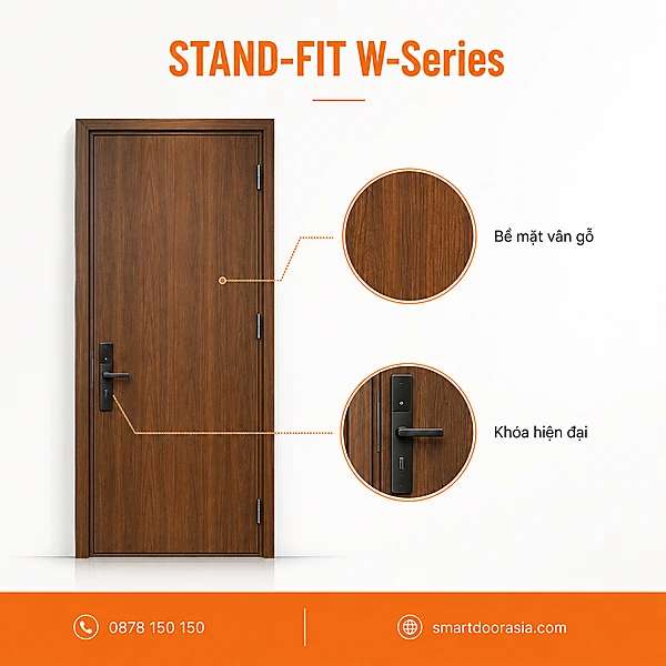 Chi tiết bề mặt vân gỗ và khóa cửa STAND-FIT W-Series