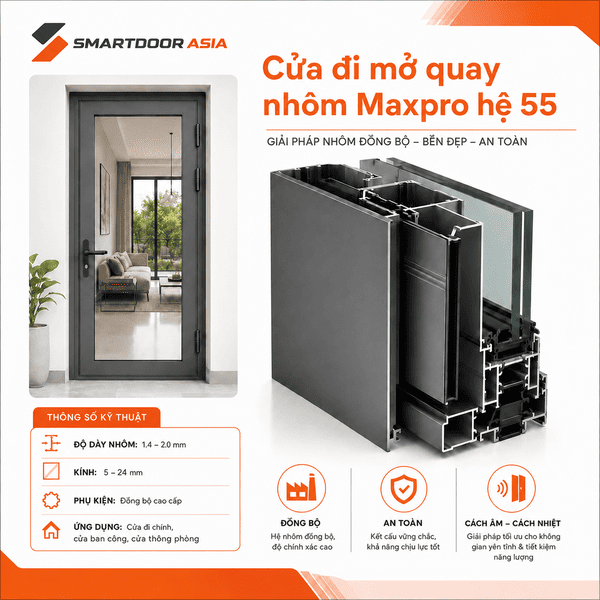 Cửa đi mở quay nhôm Maxpro hệ 55 Smartdoor Asia với thông số kỹ thuật và mặt cắt hệ nhôm