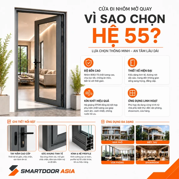 Cửa đi nhôm mở quay hệ 55 với thiết kế hiện đại, kín khít và ứng dụng linh hoạt